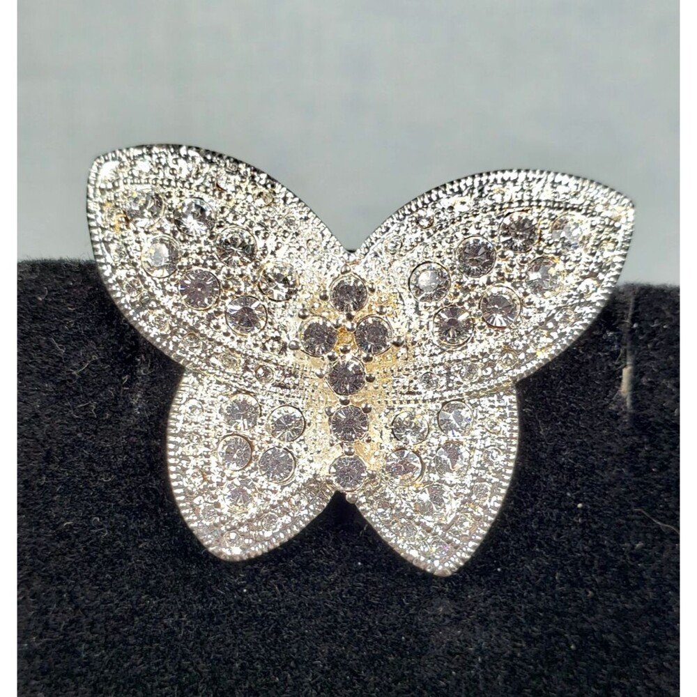 Vintage Clear Crystal Rhinestone Bold Butterfly Silver Tone 1 1/2" Brooch